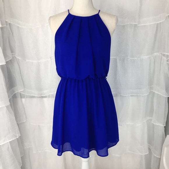 Lac Bleu, Royal Blue Short Chiffon Dress - Picture 2 of 11